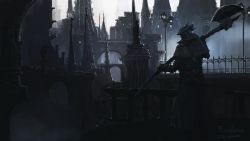 Rule 34 | 1other, ambiguous gender, architecture, axe, belt, bloodborne, brown gloves, building, capelet, cityscape, coat, commentary, from behind, gloves, grey hair, hand up, hat, highres, holding, holding axe, hunter (bloodborne), lamppost, polearm, ruins, scenery, short hair, solo, statue, torn capelet, torn clothes, torn hat, tricorne, tripdancer, weapon