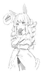Rule 34 | 1girl, absurdres, animal ears, blush, braid, breasts, cake, cake slice, carrot hair ornament, cleavage, closed mouth, coat, cowboy shot, detached sleeves, female focus, food, food-themed hair ornament, greyscale, hair ornament, highres, hololive, kotoribako, leotard, long hair, monochrome, pantyhose, puffy detached sleeves, puffy short sleeves, puffy sleeves, rabbit ears, short sleeves, simple background, small breasts, solo, standing, thinking, twin braids, usada pekora, usada pekora (1st costume), virtual youtuber, white background