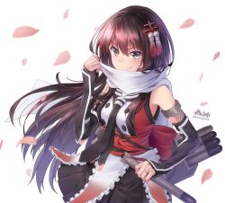 Rule 34 | 10s, 1girl, alternate hair length, alternate hairstyle, artist name, black hair, black neckerchief, breasts, buttons, closed mouth, elbow gloves, enpera, gloves, hair between eyes, hair ornament, jewelry, kantai collection, long hair, morigami (morigami no yashiro), neckerchief, petals, pleated skirt, ring, scarf, scarf grab, school uniform, sendai (kancolle), sendai kai ni (kancolle), simple background, skirt, sleeveless, smile, solo, torpedo, twitter username, very long hair, wedding band, white background, white scarf