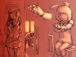Rule 34 | &gt;:3, ..., 2girls, :3, :d, animal ears, arms behind back, blush, buttons, closed mouth, collared shirt, commentary request, cookie (touhou), door, hand on own arm, highres, hisui (cookie), indoors, kneehighs, long hair, monochrome, motion lines, multiple girls, necktie, open mouth, pants, pleated skirt, prosthesis, prosthetic arm, rabbit ears, reisen udongein inaba, shirt, short hair, sidelocks, sitting, skirt, smile, socks, speech bubble, spoken ellipsis, standing, stool, sweat, tears, touhou, trembling, v-shaped eyebrows