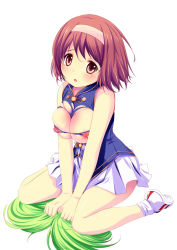 Rule 34 | 00s, 1girl, arm support, blush, breast expansion, breasts, brown eyes, brown hair, cheerleader, full body, hairband, kaho (sister princess), katori (mocchidou), lactation, large breasts, looking at viewer, nipples, pom pom (cheerleading), shoes, short hair, simple background, sister princess, sitting, skirt, sneakers, socks, solo, torn clothes, v arms, wariza, white background