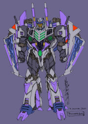 Rule 34 | 1boy, 2021, aircraft, airplane, alex milne, blue horns, cannon, character name, clenched hands, decepticon, fighter jet, frown, horns, jet, male focus, mecha, mechanical wings, military, military vehicle, no humans, official art, purple background, red eyes, robot, science fiction, shoulder cannon, signature, symbol, the transformers (idw), thunderwing (transformers), transformers, wings