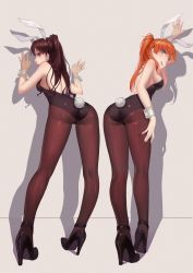 Rule 34 | 2girls, :q, against wall, alternate eye color, animal ears, ass, blue eyes, blush, bojue yu yaojing 695657, breasts, brown eyes, brown hair, crossover, fake animal ears, fate/stay night, fate (series), green eyes, high heels, highres, multiple girls, naughty face, neon genesis evangelion, orange hair, pantyhose, playboy bunny, rabbit ears, rabbit tail, sideboob, souryuu asuka langley, tail, tohsaka rin, tongue, tongue out, trait connection, two side up, wrist cuffs
