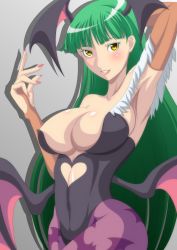 Rule 34 | 1girl, absurdres, animal print, arm up, armpits, bat print, blush, breasts, cleavage, clothing cutout, commentary request, cowboy shot, female focus, green hair, head wings, heart, heart cutout, highres, huge breasts, igatto, large breasts, leotard, long hair, looking at viewer, morrigan aensland, nail polish, pantyhose, parted lips, patterned legwear, print pantyhose, smile, solo, standing, teeth, vampire (game), wings, yellow eyes