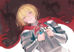 Rule 34 | 1girl, armor, blonde hair, blood, blood on face, cape, closed mouth, commentary request, don quixote (project moon), hair between eyes, highres, holding, holding toy, korean commentary, limbus company, long sleeves, mixed-language commentary, orange eyes, project moon, red cape, rojiura (rojunu11), short hair, smile, solo, toy
