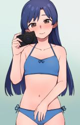 Rule 34 | 1girl, black panties, blue background, blue bra, blue hair, blush, bra, brown eyes, camera, closed mouth, collarbone, commentary request, cowboy shot, hand up, holding, holding camera, idolmaster, idolmaster (classic), idolmaster million live!, idolmaster million live! theater days, kisaragi chihaya, korean commentary, kwaejina, looking at viewer, mixed-language commentary, navel, panties, side-tie panties, simple background, smile, solo, standing, straight hair, underwear