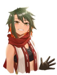 Rule 34 | 1girl, bare shoulders, black gloves, breasts, brown eyes, commentary request, cropped arms, cropped torso, gloves, green hair, grin, highres, kis sako, looking at viewer, multicolored hair, orange hair, original, ribbon trim, simple background, small breasts, smile, solo, two-tone hair, upper body, white background