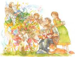 Rule 34 | 2boys, 4girls, angel, angel wings, brown hair, cup, dog, closed eyes, family, flower, happy, harp, ina (gonsora), instrument, mug, multiple boys, multiple girls, old, old man, original, paintbrush, painting (action), painting (medium), palette (object), plant, ponytail, pregnant, short hair, sitting, slippers, star (symbol), traditional media, trumpet, violin, watercolor (medium), wings