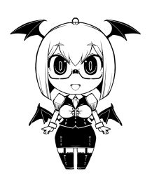 Rule 34 | 1girl, :d, alternate hair length, alternate hairstyle, bat (animal), bespectacled, book, chibi, demon tail, framed breasts, full body, garter straps, glasses, greyscale, head wings, hexagram, koakuma, long sleeves, looking at viewer, maru-sun, monochrome, necktie, open mouth, pencil skirt, puffy sleeves, short hair, simple background, skirt, skirt set, smile, solo, standing, tail, thighhighs, touhou, vest, white background, wings