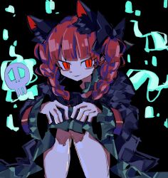 Rule 34 | 1girl, absurdres, animal ear fluff, animal ears, black background, black bow, blunt bangs, bow, braid, cat ears, cat girl, closed mouth, dark background, dress, feet out of frame, green dress, hair bow, hairband, hands on own knees, highres, kaenbyou rin, light smile, long hair, long sleeves, looking at viewer, red eyes, red hairband, simple background, so happy 64, solo, touhou, twin braids