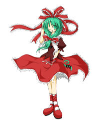 Rule 34 | 1girl, dress, female focus, frills, front ponytail, full body, green eyes, green hair, kagiyama hina, looking at viewer, mary janes, matching hair/eyes, puffy short sleeves, puffy sleeves, red dress, shawl, shoes, short hair, short sleeves, simple background, solo, standing, touhou, white background, wind, wind lift, wrist cuffs