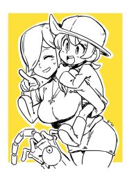 Rule 34 | 2girls, boots, breasts, carrying, cross, cross necklace, closed eyes, hat, hungern (skullgirls), jewelry, kinuko (kinucakes), large breasts, multiple girls, necklace, open mouth, parasoul (skullgirls), piggyback, pointing, raincoat, siblings, sisters, skirt, skullgirls, smile, sweatdrop, sweater, turtleneck, turtleneck sweater, umbrella (skullgirls), yellow background