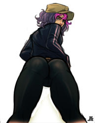 Rule 34 | 1girl, absurdres, ass, bad id, bad pixiv id, blue eyes, borrowed character, cabbie hat, from behind, from below, hat, highres, jacket, looking at viewer, looking back, multicolored hair, original, pantyhose, pelo (andava), pink hair, ponpu (pumpkinsinclair), purple hair, short hair, solo, track jacket, two-tone hair