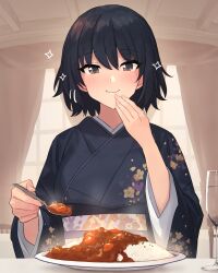 Rule 34 | 1girl, bad link, black hair, black kimono, blush, brown eyes, chorefuji, closed mouth, commentary request, cup, curry, curtains, drinking glass, eating, floral print, food, hand up, highres, holding, holding spoon, indoors, japanese clothes, kimono, looking at viewer, original, plate, rice, sash, smile, solo, sparkle, spoon, steam, table, upper body, window, wine glass