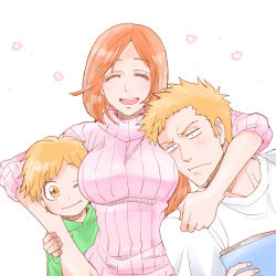 Rule 34 | 2boys, 3mm, :d, :t, ^ ^, bad id, bad pixiv id, bleach, bleach: epilogue, blush, book, boy sandwich, closed eyes, family, father and son, hair ornament, hairclip, hood, hoodie, husband and wife, inoue orihime, kurosaki ichigo, kurosaki kazui, lowres, mother and son, multiple boys, one eye closed, open mouth, orange eyes, orange hair, ribbed sweater, sandwiched, short hair, simple background, smile, spoilers, sweater, upper body, white background