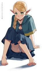 Rule 34 | 1girl, barefoot, blonde hair, blue capelet, blue robe, blush, braid, capelet, closed mouth, dungeon meshi, elf, embarrassed, feet, green eyes, highres, hood, hooded capelet, knees up, long hair, looking at viewer, marcille donato, panties, patreon username, pointy ears, robe, sitting, toes, underwear, white background, white panties, zefrableu