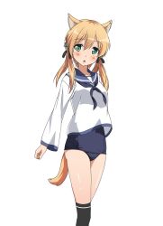 Rule 34 | 10s, 1girl, :o, anchor hair ornament, animal ears, arms at sides, black ribbon, black socks, blonde hair, blue one-piece swimsuit, blush, cat ears, cosplay, eyebrows, green eyes, hair ornament, hair ribbon, head tilt, kantai collection, kemonomimi mode, kneehighs, legs together, looking at viewer, low twintails, miyafuji yoshika, miyafuji yoshika (cosplay), one-piece swimsuit, open mouth, prinz eugen (kancolle), ribbon, school swimsuit, school uniform, serafuku, shiny skin, simple background, socks, solo, strike witches, swimsuit, swimsuit under clothes, tareme, twintails, white background, world witches series, zero (miraichizu)