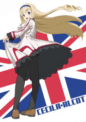Rule 34 | 10s, 1girl, black pantyhose, blonde hair, cecilia alcott, character name, dress, drill hair, hairband, highres, infinite stratos, loafers, long hair, looking back, mibu natsuki, open mouth, panties, panties under pantyhose, pantyhose, school uniform, shoes, solo, underwear, union jack