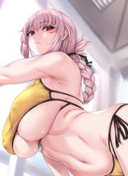 Rule 34 | 1girl, bikini, blurry, blurry background, blush, braid, breasts, cameltoe, closed mouth, covered erect nipples, expressionless, fate/grand order, fate (series), florence nightingale (chaldea lifesavers) (fate), florence nightingale (fate), folded ponytail, large breasts, long hair, looking at viewer, low ponytail, moisture (chichi), navel, pink hair, red eyes, shiny skin, side-tie bikini bottom, simple background, solo, stomach, swimsuit, underboob, upper body, yellow bikini