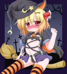 Rule 34 | 1girl, alternate costume, bad id, bad pixiv id, bamboo broom, blonde hair, blush, breasts, broom, broom riding, cape, fang, framed, hair ornament, hair ribbon, hairclip, halloween, hat, highres, jack-o&#039;-lantern, loincloth, looking at viewer, navel, oden (th-inaba), red eyes, revealing clothes, ribbon, rumia, showgirl skirt, small breasts, smile, solo, striped clothes, striped thighhighs, thighhighs, touhou, witch hat