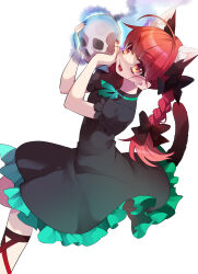 Rule 34 | 1girl, akibotann, animal ears, braid, cat ears, cat tail, dress, extra ears, frilled dress, frilled sleeves, frills, green dress, highres, holding, holding skull, kaenbyou rin, long hair, multiple tails, open mouth, red eyes, red hair, short sleeves, simple background, skull, solo, tail, touhou, twin braids, two tails, white background