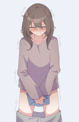 Rule 34 | 1girl, ^ ^, between legs, blue background, blush, brown hair, brown shirt, closed eyes, closed mouth, cloth, clothes pull, collarbone, cowboy shot, female focus, flat chest, grey pants, hair between eyes, hand between legs, have to pee, highres, holding, holding cloth, japanese text, long hair, long sleeves, nose blush, original, own hands together, panties, pants, pants pull, shirt, sidelocks, simple background, solo, standing, straight-on, sweat, translation request, trembling, underwear, v arms, watakarashi, wavy mouth, white panties