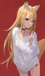 Rule 34 | 1girl, absurdres, animal ears, blonde hair, blue eyes, breasts, choker, clothes tug, dress, fox ears, fox tail, highres, kmnz, long hair, long sleeves, looking at viewer, mc lita, medium breasts, modare, nail polish, red background, sidelocks, simple background, sleeves past wrists, smile, solo, sweater, sweater dress, sweater tug, tail, virtual youtuber