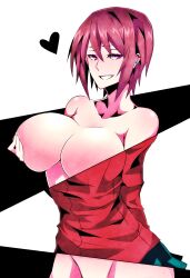Rule 34 | 1girl, breasts, camui (camui kamui), cleavage, earrings, grabbing own breast, grin, groin, groping, hand on own chest, heart, highres, hz (666v), jewelry, large breasts, looking at viewer, no bra, original, pleated skirt, purple eyes, red hair, seductive smile, shirt, short hair, skirt, smile, solo, standing, x-ray