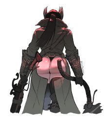 Rule 34 | 1girl, absurdres, arms at sides, artist name, ass, ass cutout, ass focus, axe, black hair, black hat, black panties, black thighhighs, bloodborne, boots, clothing cutout, coat, dual wielding, female focus, from behind, grey coat, grey footwear, gun, hat, high collar, highres, holding, holding axe, holding gun, holding weapon, hunter (bloodborne), laz, long hair, long sleeves, no pants, panties, photo-referenced, ponytail, signature, simple background, solo, standing, thigh boots, thighhighs, twitter username, underwear, vambraces, weapon, white background
