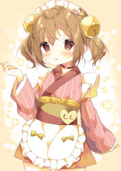Rule 34 | 1girl, apron, bell, blush, bow, braid, braided bangs, brown eyes, brown hair, brown skirt, commentary request, detached sleeves, floral background, frilled apron, frills, hair bell, hair between eyes, hair ornament, hamada pengin, hand up, heart, highres, japanese clothes, jingle bell, kimono, long sleeves, looking at viewer, maid, maid headdress, obi, original, parted lips, pink kimono, pink sleeves, pleated skirt, sash, skirt, sleeveless, sleeveless kimono, sleeves past wrists, solo, striped clothes, striped kimono, twintails, vertical-striped clothes, vertical-striped kimono, wa maid, waist apron, white apron, yellow bow