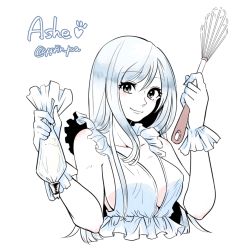 Rule 34 | 1girl, ashe (league of legends), breasts, cleavage, dress, female focus, frills, gloves, icing, large breasts, league of legends, otani (kota12ro08), partially colored, sideboob, smile, solo, whisk, white background