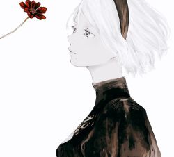 Rule 34 | 1girl, black hairband, flower, green eyes, grey eyes, hair between eyes, hairband, highres, medium hair, mole, mole under mouth, nier (series), nier:automata, puffy sleeves, red flower, shirone (coxo ii), simple background, solo, white background, white hair, 2b (nier:automata)
