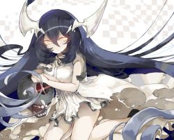 Rule 34 | 10s, 1girl, absurdly long hair, abyssal ship, anchorage water oni, bad id, bad pixiv id, bare legs, bare shoulders, black hair, colored skin, crossed arms, dress, elbow rest, glowing, glowing eyes, gradient hair, horns, kantai collection, kneeling, long hair, looking away, multicolored hair, no nose, open mouth, orange eyes, overskirt, sleeveless, sleeveless dress, solo, sparkle, theahoge, torn clothes, torn dress, very long hair, white dress, white hair, white skin