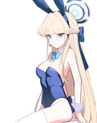 Rule 34 | 1girl, animal ears, ass, bare shoulders, blonde hair, blue archive, blue eyes, blue hair, bow, bowtie, breasts, cleavage, detached collar, earpiece, expressionless, fake animal ears, halo, highres, leotard, long hair, looking at viewer, medium breasts, multicolored hair, odaneru apart, playboy bunny, rabbit ears, simple background, solo, streaked hair, thighhighs, toki (blue archive), toki (bunny) (blue archive), two-tone hair, very long hair, white background, white thighhighs, wrist cuffs