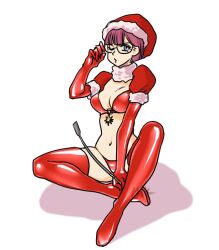 Rule 34 | 1girl, blue eyes, breasts, christmas, chrono trigger, full body, glasses, gloves, hat, large breasts, looking at viewer, lucca ashtear, medium breasts, mik mikako, navel, one eye closed, purple hair, pursed lips, santa hat, short hair, simple background, solo, swimsuit, thighhighs, whip, white background