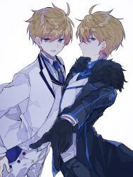 Rule 34 | 2boys, :d, arthur pendragon (fate), arthur pendragon (white rose) (fate), black coat, black gloves, black pants, blonde hair, blue eyes, blue necktie, blue shirt, closed mouth, coat, cowboy shot, dual persona, expressionless, fate/grand order, fate (series), formal, from side, fur-trimmed coat, fur trim, gloves, hair between eyes, hand on own hip, jacket, kisharin, lapels, long sleeves, looking at viewer, looking to the side, male focus, multiple boys, necktie, notched lapels, open clothes, open coat, open jacket, open mouth, outstretched arm, pants, pectoral docking, pectoral press, profile, shirt, short hair, sideways glance, simple background, smile, standing, striped clothes, striped shirt, suit, vest, waistcoat, white background, white jacket, white pants, white shirt, white suit, white vest
