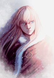 Rule 34 | 1boy, androgynous, blonde hair, blue eyes, canute, cape, eyebrows, eyelashes, fur, fur collar, fur trim, hair blowing, long hair, looking to the side, male focus, ornament, prince, red cape, signature, snow, viking, vinland saga, wind