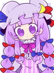 Rule 34 | 1girl, bad id, bad twitter id, blue bow, bow, breasts, crescent, crescent hat ornament, dress, hair bow, hat, hat bow, hat ornament, highres, large breasts, long dress, long hair, mob cap, necktie, op na yarou, patchouli knowledge, purple eyes, purple hair, purple necktie, red bow, solo, striped clothes, striped dress, touhou, vertical-striped clothes, vertical-striped dress, very long hair, white background, wide oval eyes