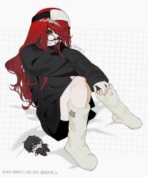 Rule 34 | 1girl, amamiya ren, black sweater, btmr game, character doll, full body, glasses, highres, long hair, long sleeves, looking at viewer, mask, mask on head, persona, persona 5, persona 5 the royal, red eyes, red hair, simple background, sitting, sleep mask, socks, solo, sweater, turtleneck, turtleneck sweater, yoshizawa sumire
