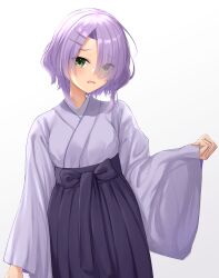 Rule 34 | 1girl, absurdres, arm up, blush, bob cut, cafe stella to shinigami no chou, dark-skinned female, dark skin, embarrassed, eyelashes, frown, furrowed brow, green eyes, hair over one eye, hairpin, hakama, highres, hiuchidani mei, japanese clothes, kimono, long bangs, long sleeves, multiple hairpins, ncontrail (mgax7527), open mouth, parted bangs, purple hair, purple hakama, short hair with long locks, simple background, solo, standing, tan, white background, wide sleeves, yuzu-soft