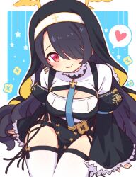 Rule 34 | 1girl, black hair, blue archive, closed mouth, cross, cross earrings, earrings, habit, hair over one eye, halo, head tilt, hinata (blue archive), jewelry, leaning forward, onyhakase, red eyes, smile, thigh strap, thighhighs, trinity general school logo