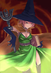 Rule 34 | 1girl, breasts, chunsoft, cleavage, dragon quest, dragon quest iii, dress, elbow gloves, enix, gloves, hat, kawa akira, mage (dq3), medium breasts, pink eyes, pink hair, solo, staff, thighhighs, witch hat