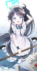 Rule 34 | 1girl, absurdly long hair, absurdres, apron, aris (blue archive), aris (maid) (blue archive), black dress, black footwear, black hair, blue archive, blue eyes, blue hair, blue ribbon, blurry, blurry foreground, blush, bright pupils, commentary request, dark blue hair, dress, frilled apron, frills, full body, gradient hair, halo, highres, holding, long hair, looking at viewer, m0 0m c, maid, maid apron, maid headdress, multicolored hair, neck ribbon, official alternate costume, one side up, open mouth, pantyhose, ponytail, puffy short sleeves, puffy sleeves, ribbon, ringed eyes, short sleeves, sitting, smile, solo, very long hair, wariza, white pantyhose, white pupils