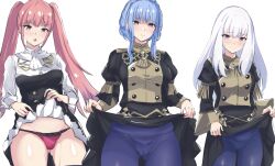 Rule 34 | 3girls, :o, angry, ascot, blue hair, blush, braid, breasts, brown eyes, buttons, cameltoe, closed mouth, clothes lift, commentary request, crown braid, embarrassed, fire emblem, fire emblem: three houses, frown, garreg mach monastery uniform, gluteal fold, highres, hilda valentine goneril, large breasts, latte, lifting own clothes, long hair, long sleeves, looking at viewer, lysithea von ordelia, marianne von edmund, medium breasts, multiple girls, nintendo, panties, pantyhose, pink eyes, pink hair, pink panties, puffy sleeves, simple background, skirt, skirt lift, small breasts, solo, sweatdrop, thighs, twintails, underwear, uniform, very long hair, white ascot, white background, white hair