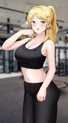 Rule 34 | 1girl, absurdres, ahoge, black bra, black pants, blonde hair, blue eyes, blurry, blurry background, blush, bra, breasts, cleavage, collarbone, commentary, cowboy shot, gym, hachimiya meguru, hair ornament, hairclip, highres, idolmaster, idolmaster shiny colors, indoors, large breasts, long hair, looking at viewer, midriff, navel, nike (company), open mouth, pants, parted bangs, ponytail, solo, sports bra, standing, sweat, tio (005), underwear, yoga pants