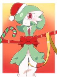 Rule 34 | blush, bob cut, bow, candy, candy cane, creatures (company), envi55109095, food, game freak, gardevoir, gen 3 pokemon, gradient background, green hair, hair over one eye, hat, highres, looking at viewer, nintendo, pink eyes, pokemon, pokemon (creature), red bow, red ribbon, restrained, ribbon, santa hat, sweatdrop