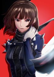 Rule 34 | 1girl, absurdres, bad id, bad pixiv id, black scarf, blue bodysuit, bodysuit, braid, brown eyes, brown hair, crown braid, floating hair, gloves, highres, looking at viewer, niijima makoto, open mouth, persona, persona 5, red background, scarf, short hair, solo, tirudo29, upper body, white gloves