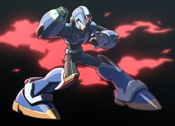 Rule 34 | 1boy, android, arm cannon, armor, black background, blue armor, blurry, cape, closed mouth, commentary, contrapposto, full body, glowing, green eyes, helmet, highres, hoshi mikan, legs apart, looking at viewer, male focus, mega man (character), mega man (series), mega man x: command mission, mega man x (series), new armor x (mega man), red cape, robot, serious, shadow, simple background, solo, standing, weapon, x (mega man)