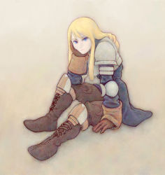 Rule 34 | 1girl, agrias oaks, arm at side, arm support, armor, asame shinbun, blonde hair, blue eyes, boots, brown background, brown footwear, brown pants, closed mouth, cross-laced footwear, elbow pads, final fantasy, final fantasy tactics, full body, head rest, invisible chair, josui, knee boots, knee pads, lace-up boots, long hair, long sleeves, looking at viewer, pants, pauldrons, shoulder armor, simple background, sitting, smile, solo