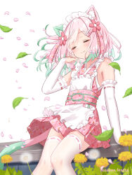 Rule 34 | absurdres, animal ears, apron, bridal gauntlets, cat ears, cat girl, cat tail, closed eyes, closed mouth, dress, green hair, hand on own face, hazakura hinata, highres, maid, maid apron, maid headdress, multicolored hair, original, pink dress, pink hair, sitting, smile, tail, variant set, wa maid, white background